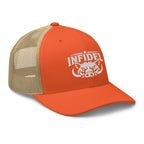 Rustic Orange Khaki snapback trucker cap with embroidered INFIDEL War Pig design, right front view
