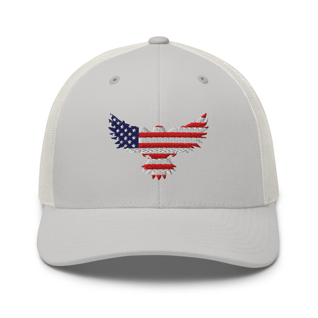 Silver trucker snapback cap, front view with Old Glory Eagle embroidery