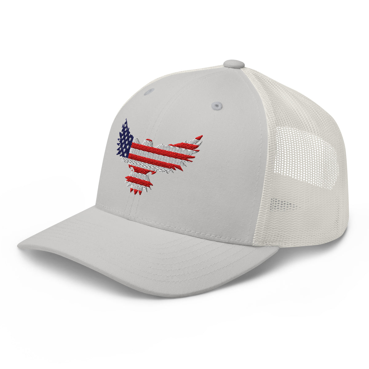 Silver trucker snapback cap, left front view with Old Glory Eagle embroidery