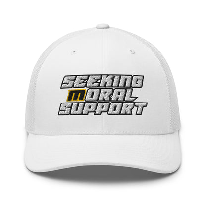 White Snapback Custom Trucker Hat – Funny NSFW Seeking M-oral Support Vulgar Humor Infidel Collective