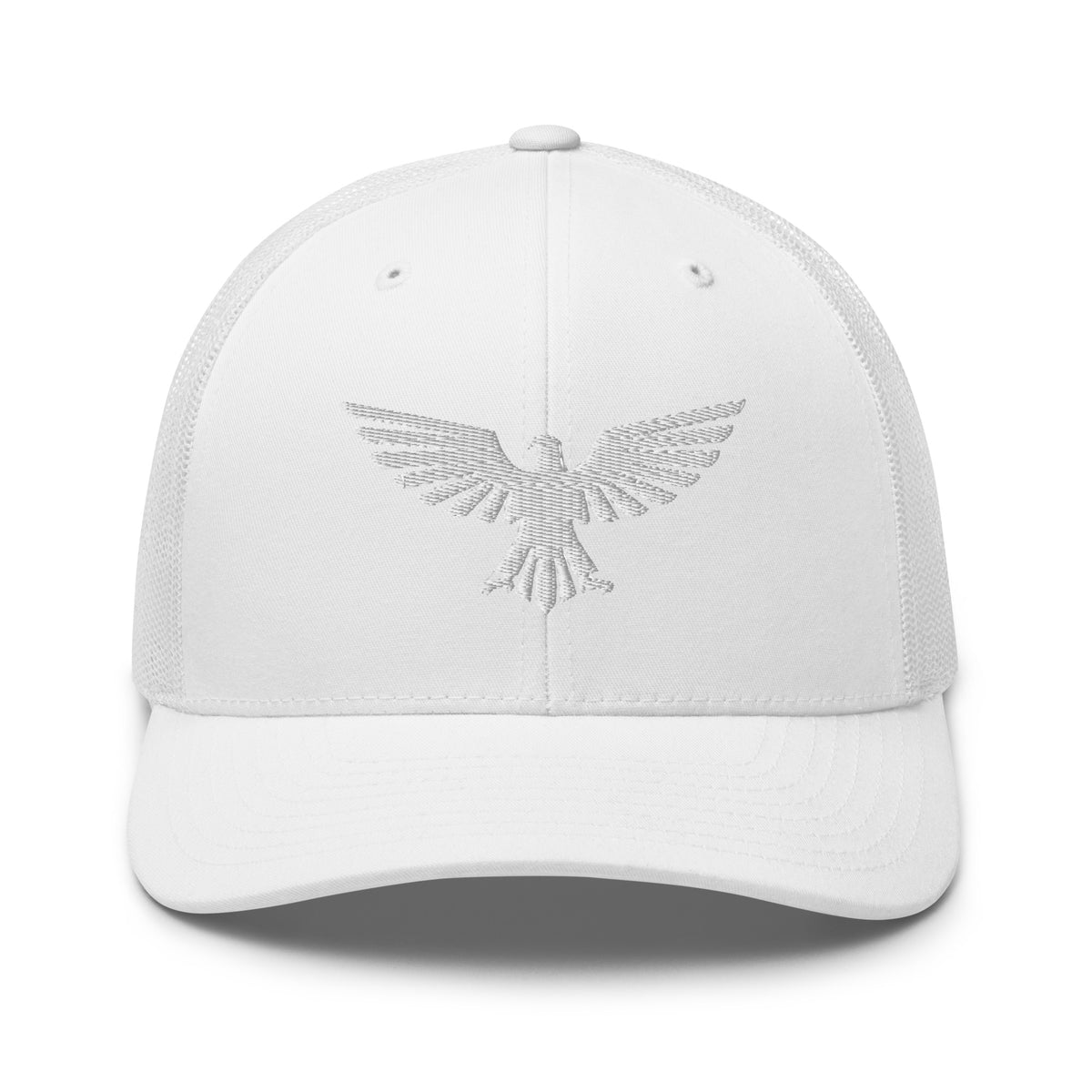 White, snapback hat, with embroidered patriotic eagle crest, front view