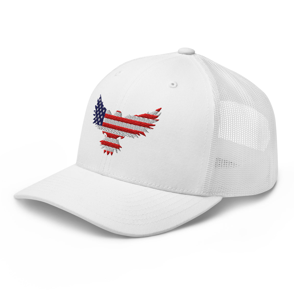 White trucker snapback cap, left front view with Old Glory Eagle embroidery