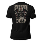 Revolution Runs Deep skull American flag back print black tee from Infidel Collective.