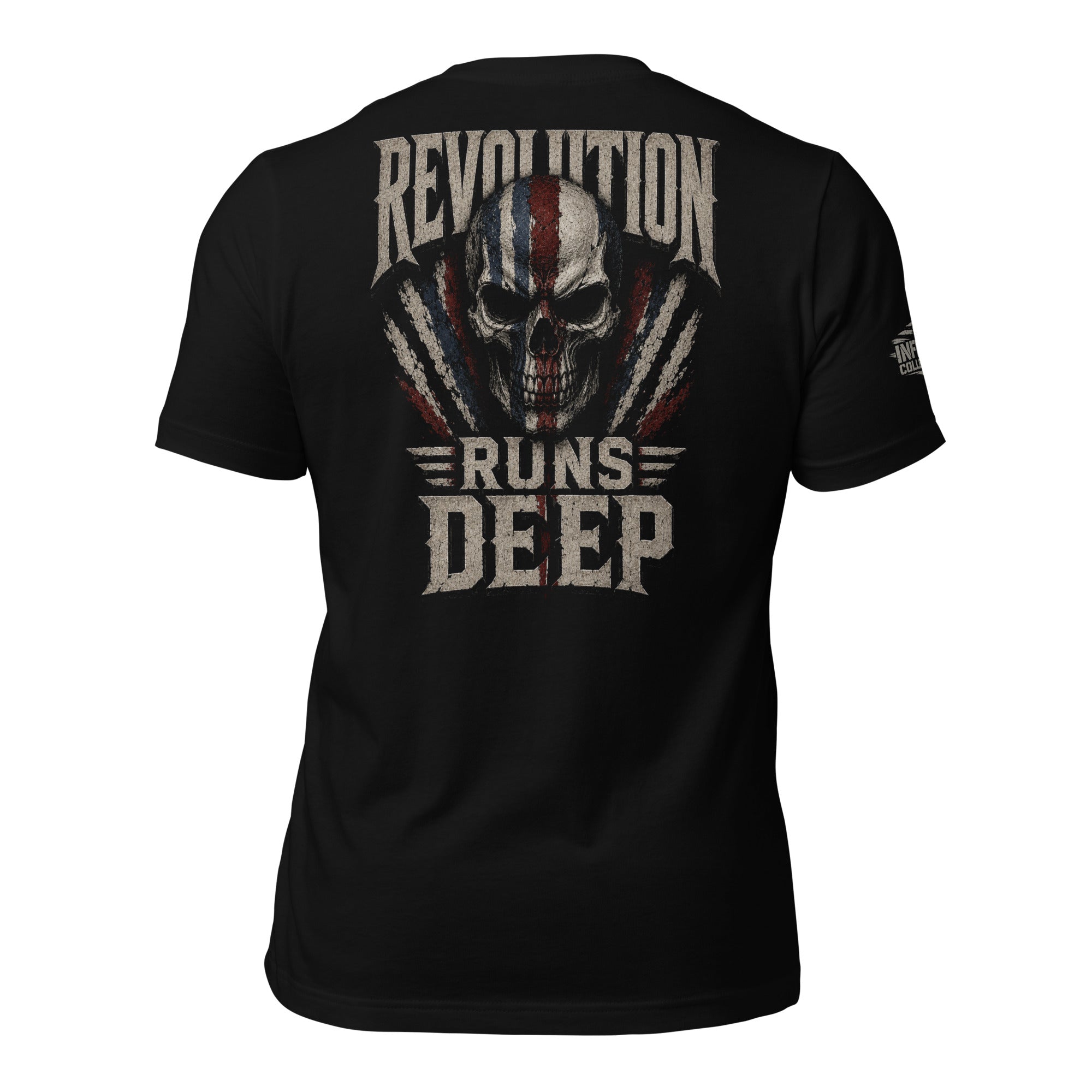 Revolution Runs Deep skull American flag back print black tee from Infidel Collective.