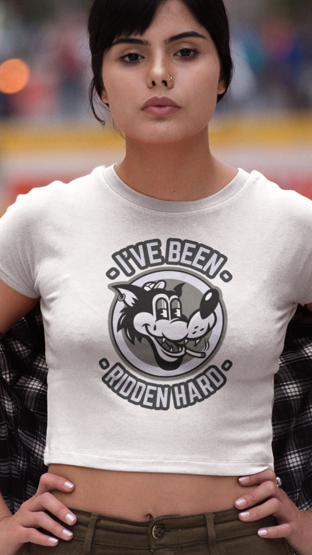 Crop Top  Crop Top NSFW – I’ve Been Ridden Hard Vintage Cartoon Wolf White Shirt Infidel Collective
