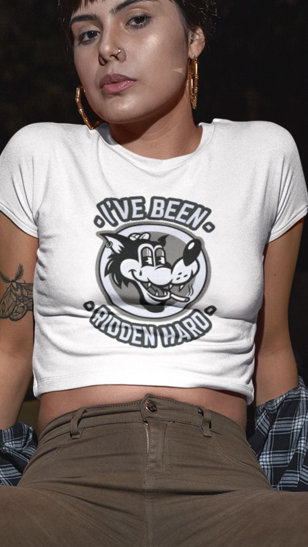 Crop Top  Crop Top NSFW – I’ve Been Ridden Hard Vintage Cartoon Wolf White Shirt Infidel Collective