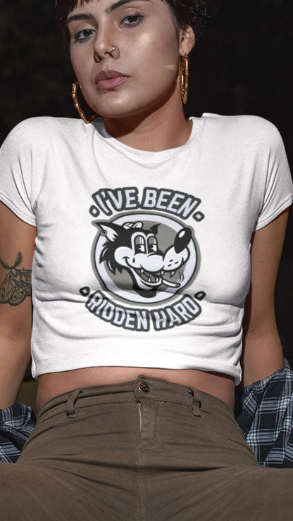 Crop Top  Crop Top NSFW – I’ve Been Ridden Hard Vintage Cartoon Wolf White Shirt Infidel Collective