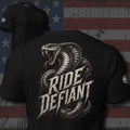 Ride Defiant striking cobra back print black tee from Infidel Collective
