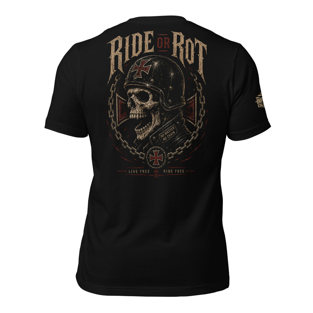 Ride Free or Rot biker skull back print black tee from Infidel Collective