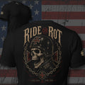 Ride Free or Rot helmeted biker skull back print black tee from Infidel Collective