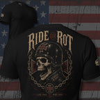 Ride Free or Rot biker skull back print black tee from Infidel Collective
