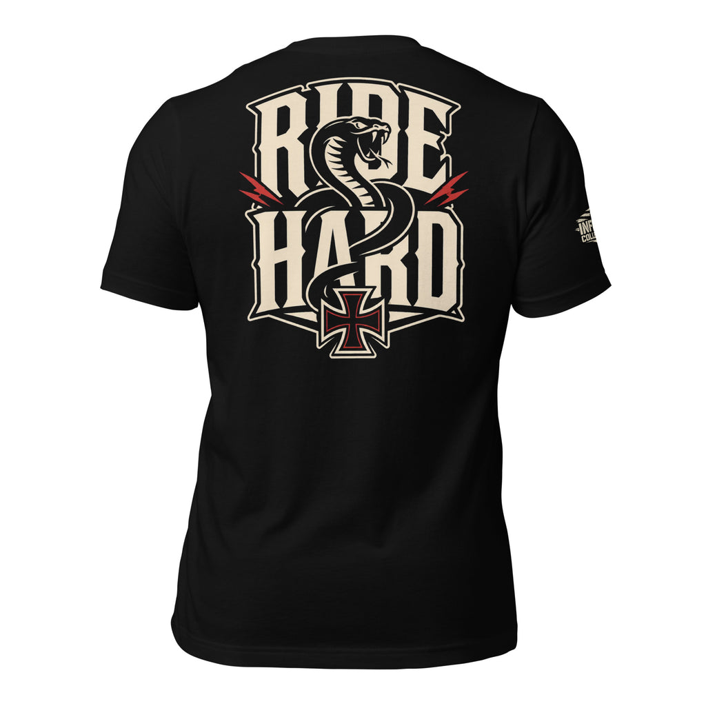 Ride Hard snake iron cross back print black tee from Infidel Collective