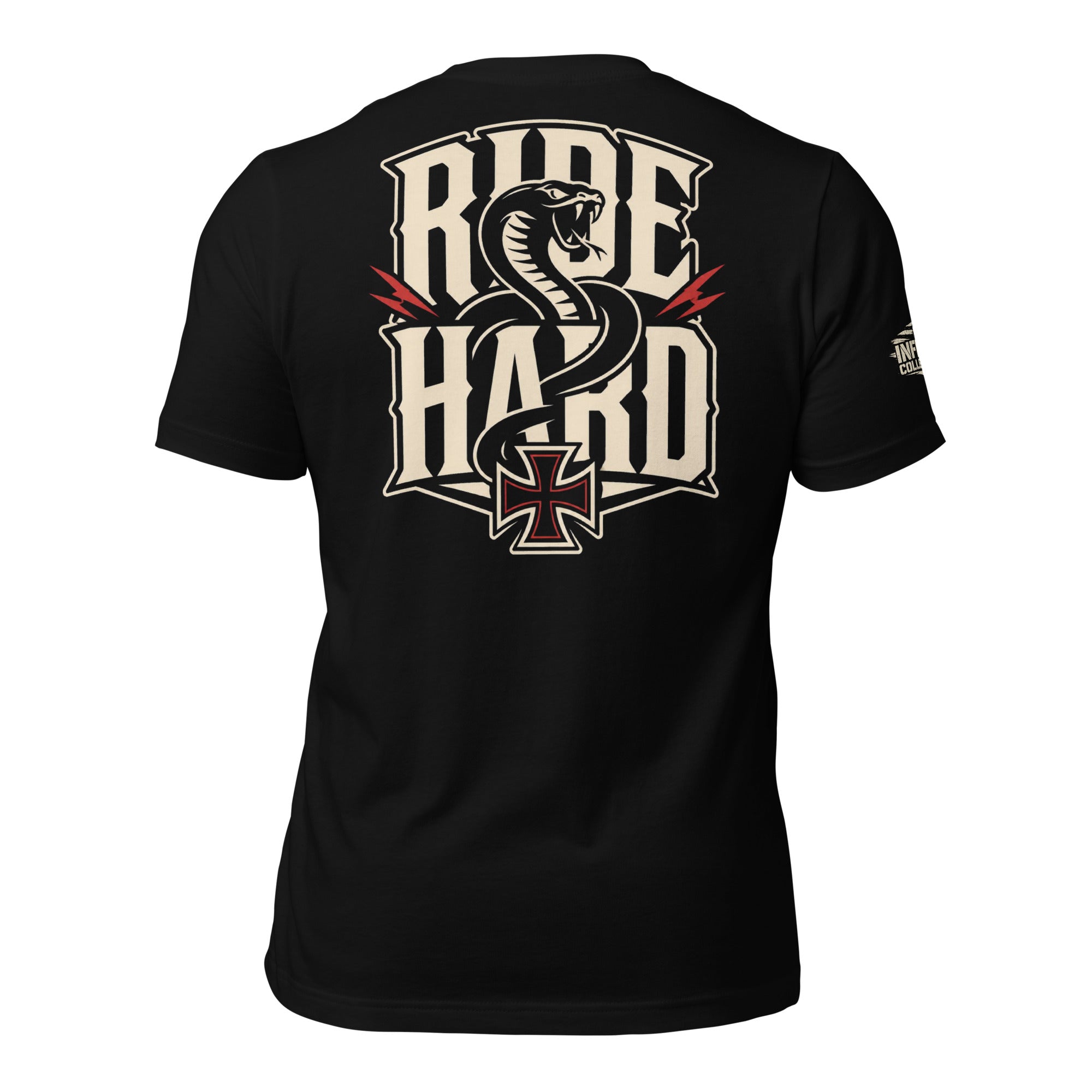 Ride Hard snake iron cross back print black tee from Infidel Collective