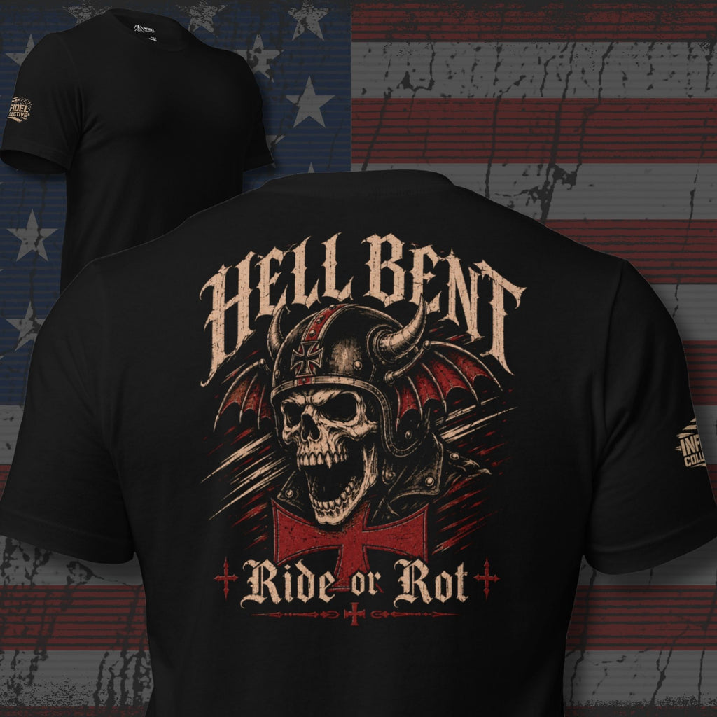 Ride or Rot Hell Bent Biker back print black tee from Infidel Collective