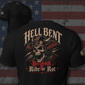 Hell Bent Ride or Rot biker skull back print black tee from Infidel Collective