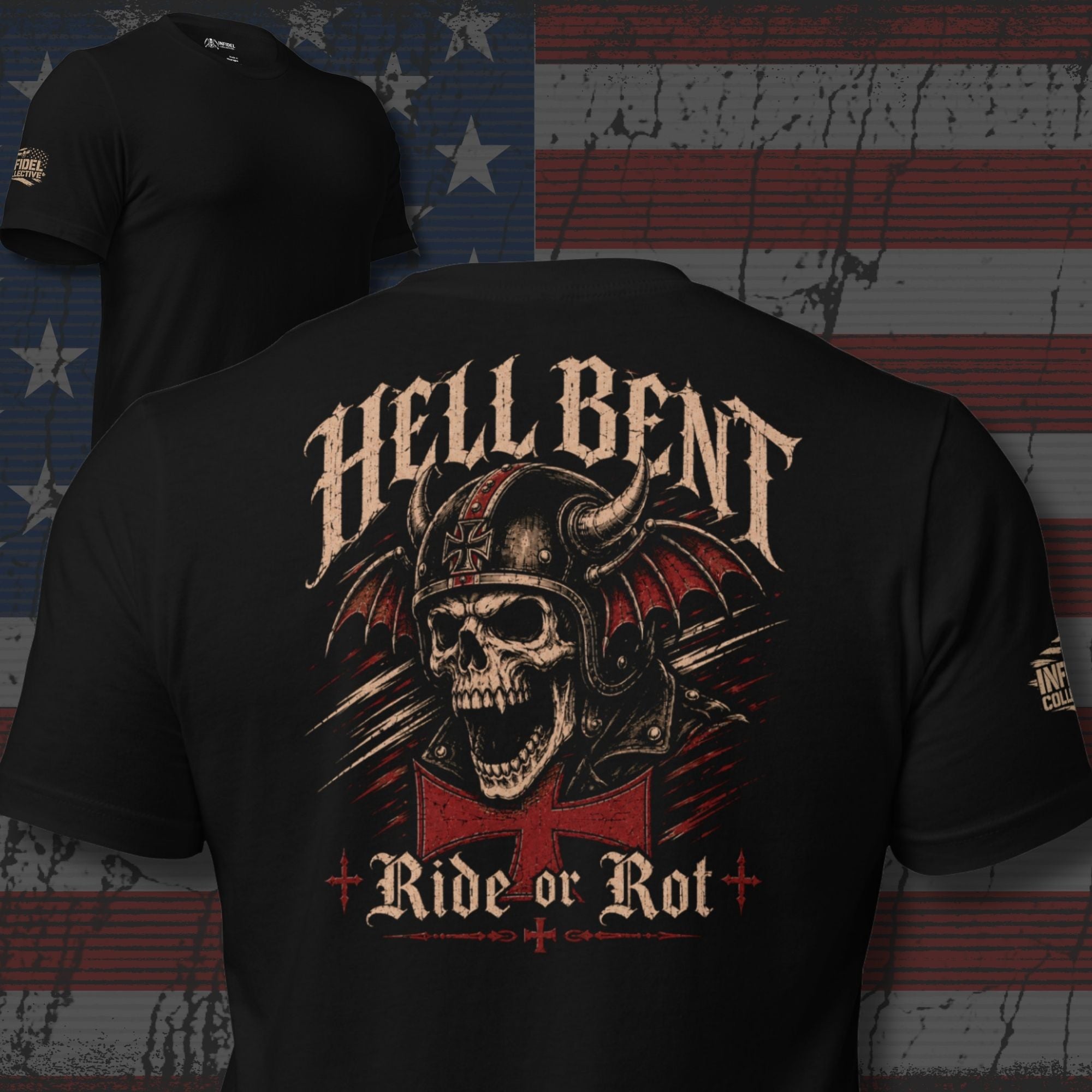 Ride or Rot Hell Bent Biker back print black tee from Infidel Collective
