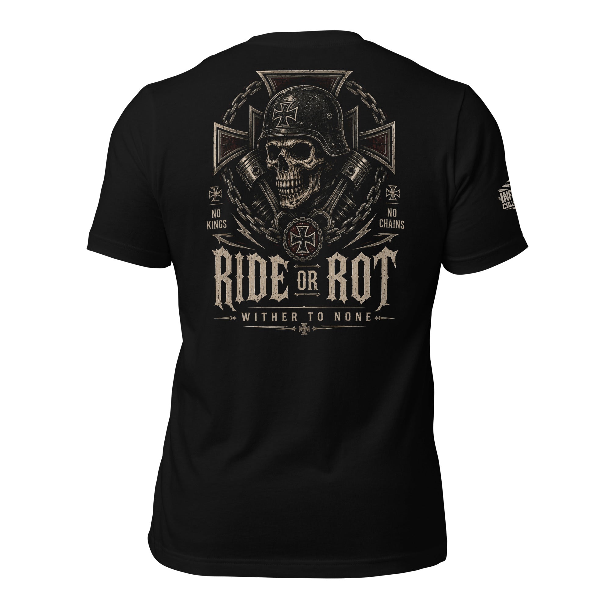 Ride or Rot No Chains biker skull back print black tee from Infidel Collective