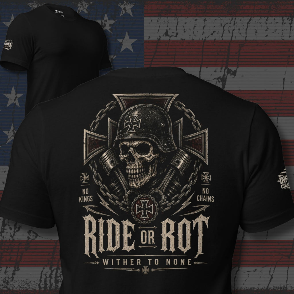 Ride or Rot No Chains biker skull back print black tee from Infidel Collective