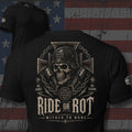 Ride or Rot skull crossed pistons and iron cross back print black tee from Infidel Collective