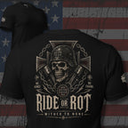 Ride or Rot No Chains biker skull back print black tee from Infidel Collective