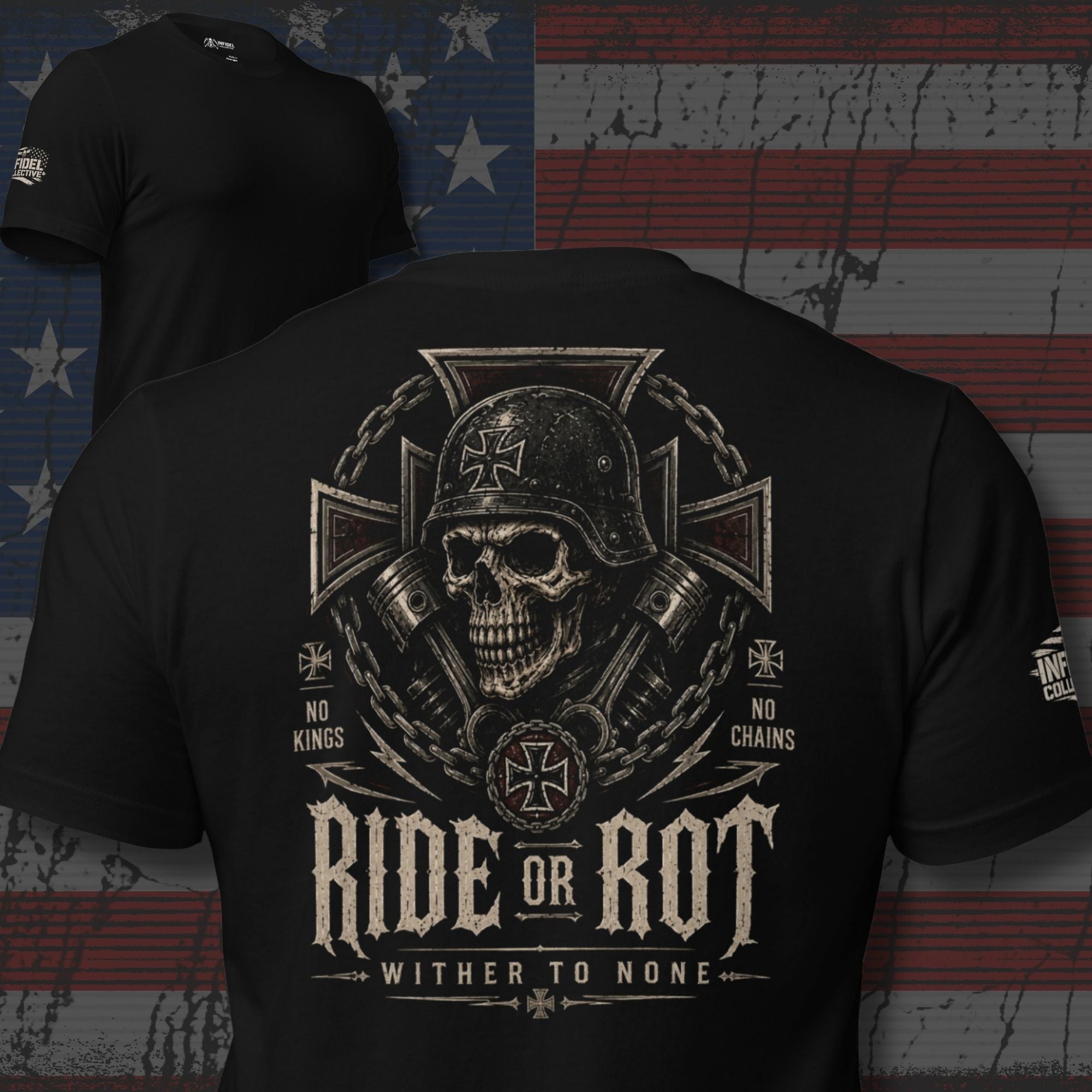 Ride or Rot No Chains biker skull back print black tee from Infidel Collective