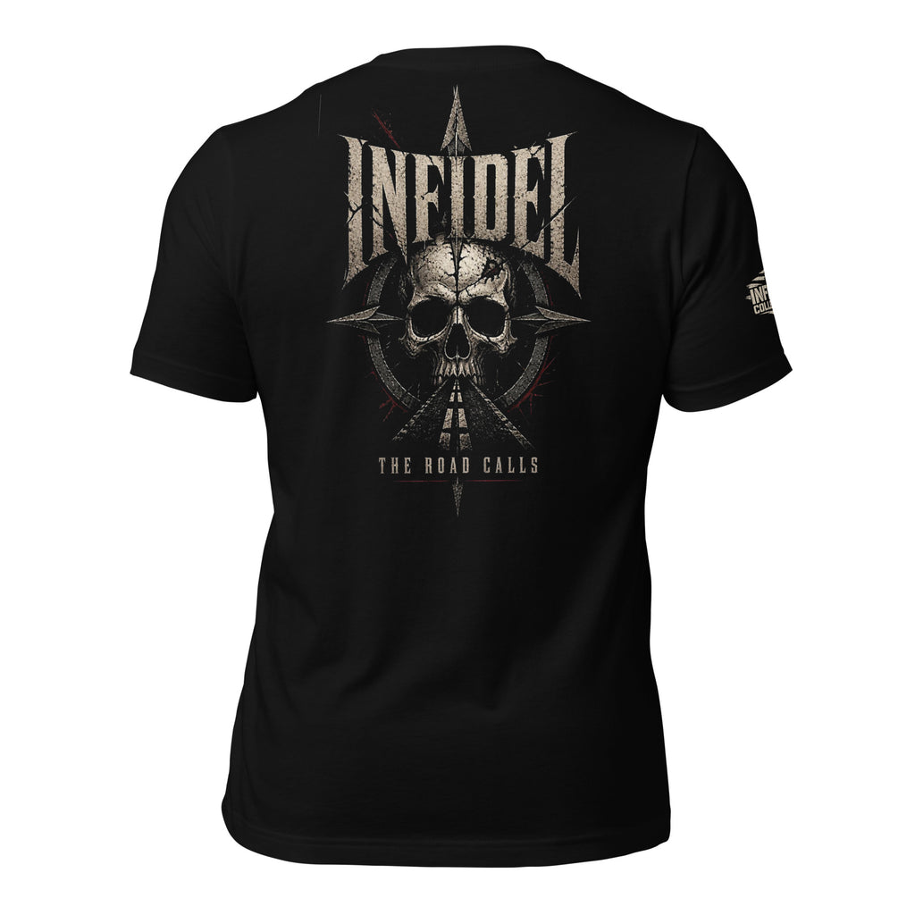 Road Calls Infidel skull compass back print black tee from Infidel Collective