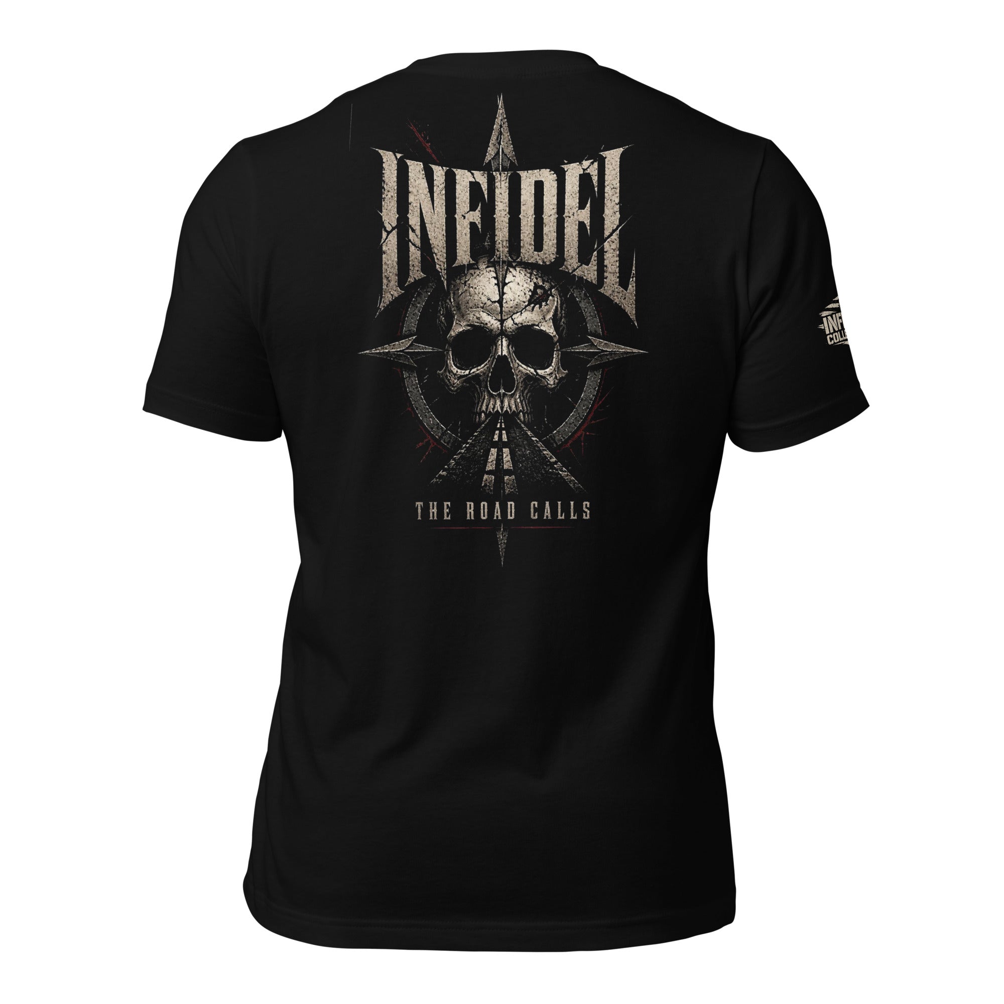 Road Calls Infidel skull compass back print black tee from Infidel Collective