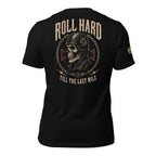 Roll Hard Till the Last Mile skull rider back print black tee from Infidel Collective