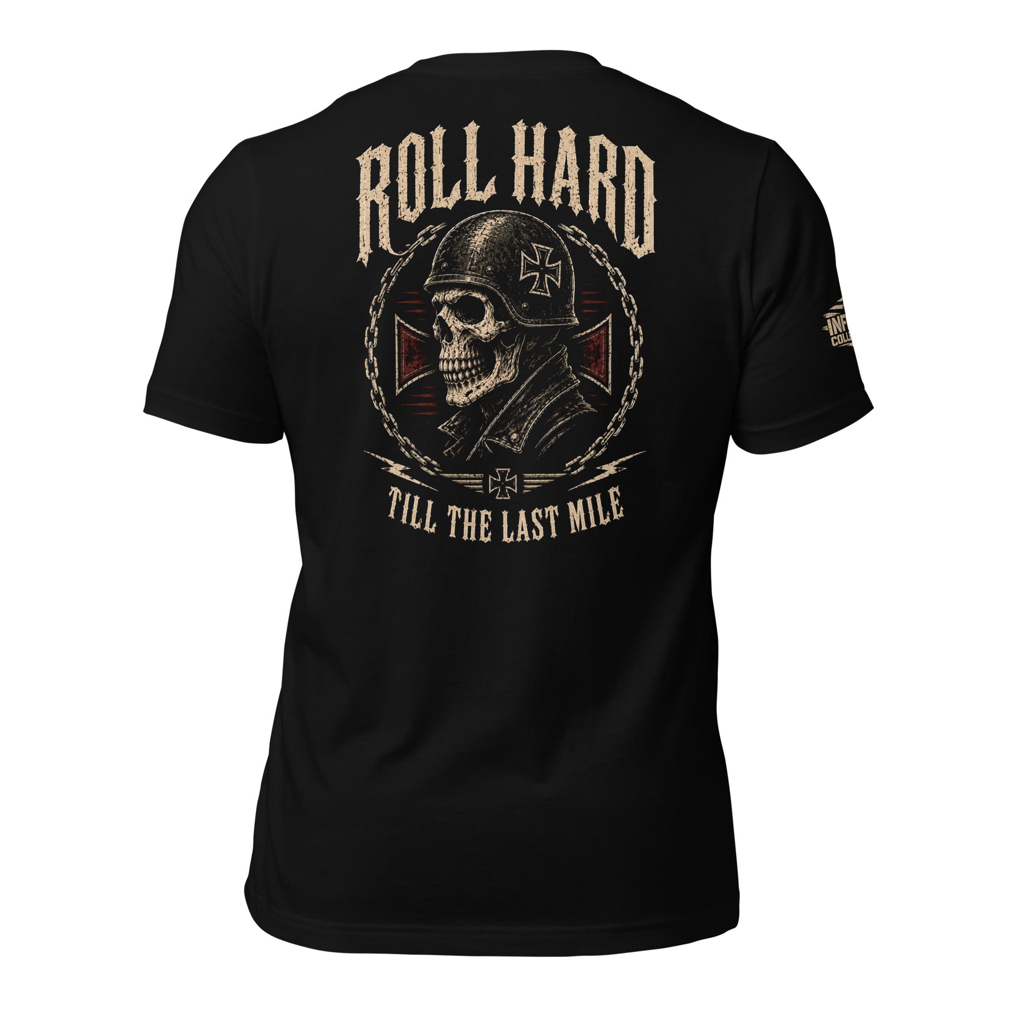 Roll Hard Till the Last Mile skull rider back print black tee from Infidel Collective