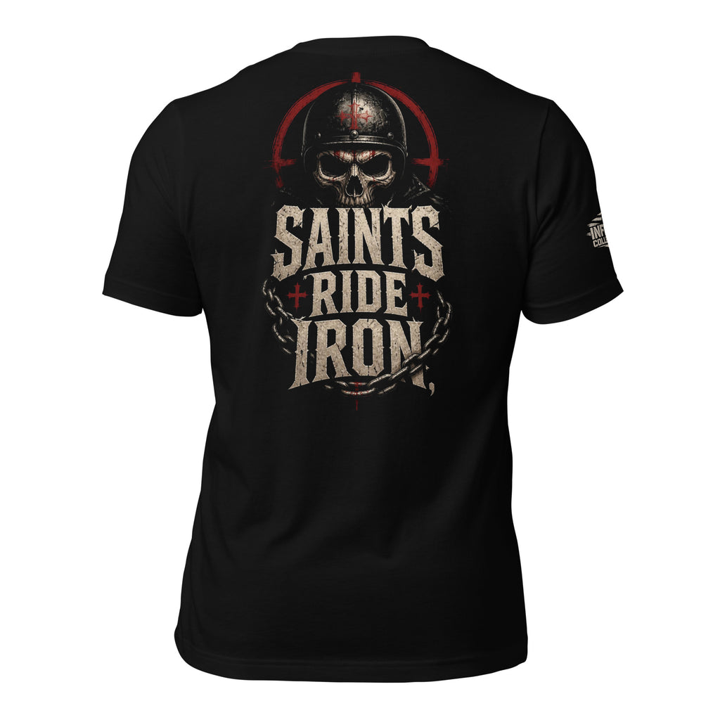 Saints Ride Iron skull rider back print black tee from Infidel Collective