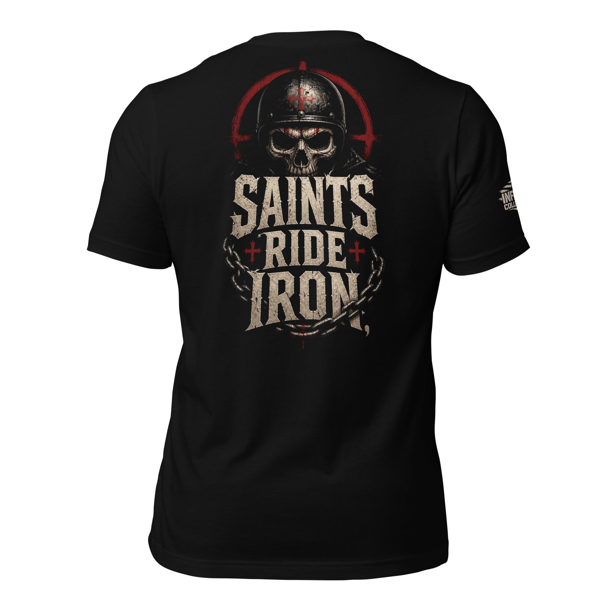 Saints Ride Iron skull rider back print black tee from Infidel Collective