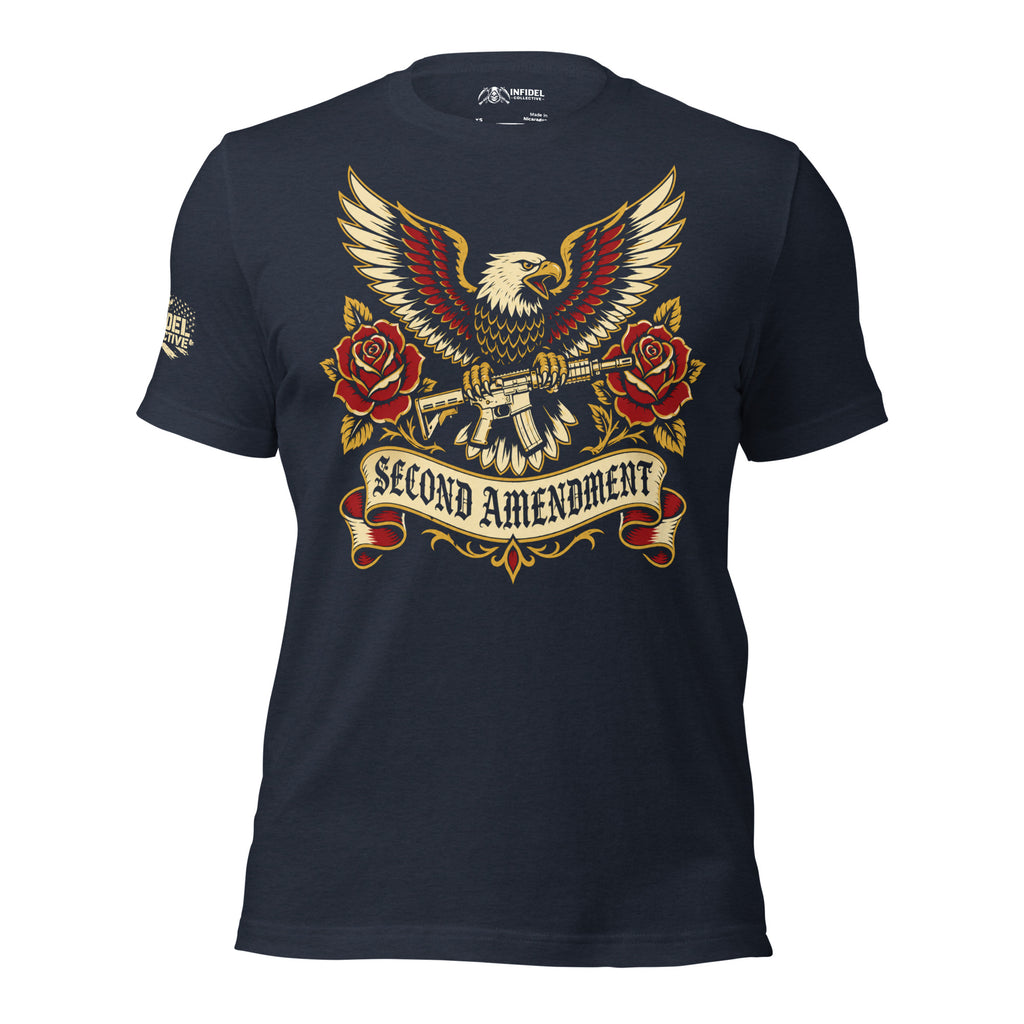 Second Amendment eagle and crossed rifles graphic heather navy tee from Infidel Collective