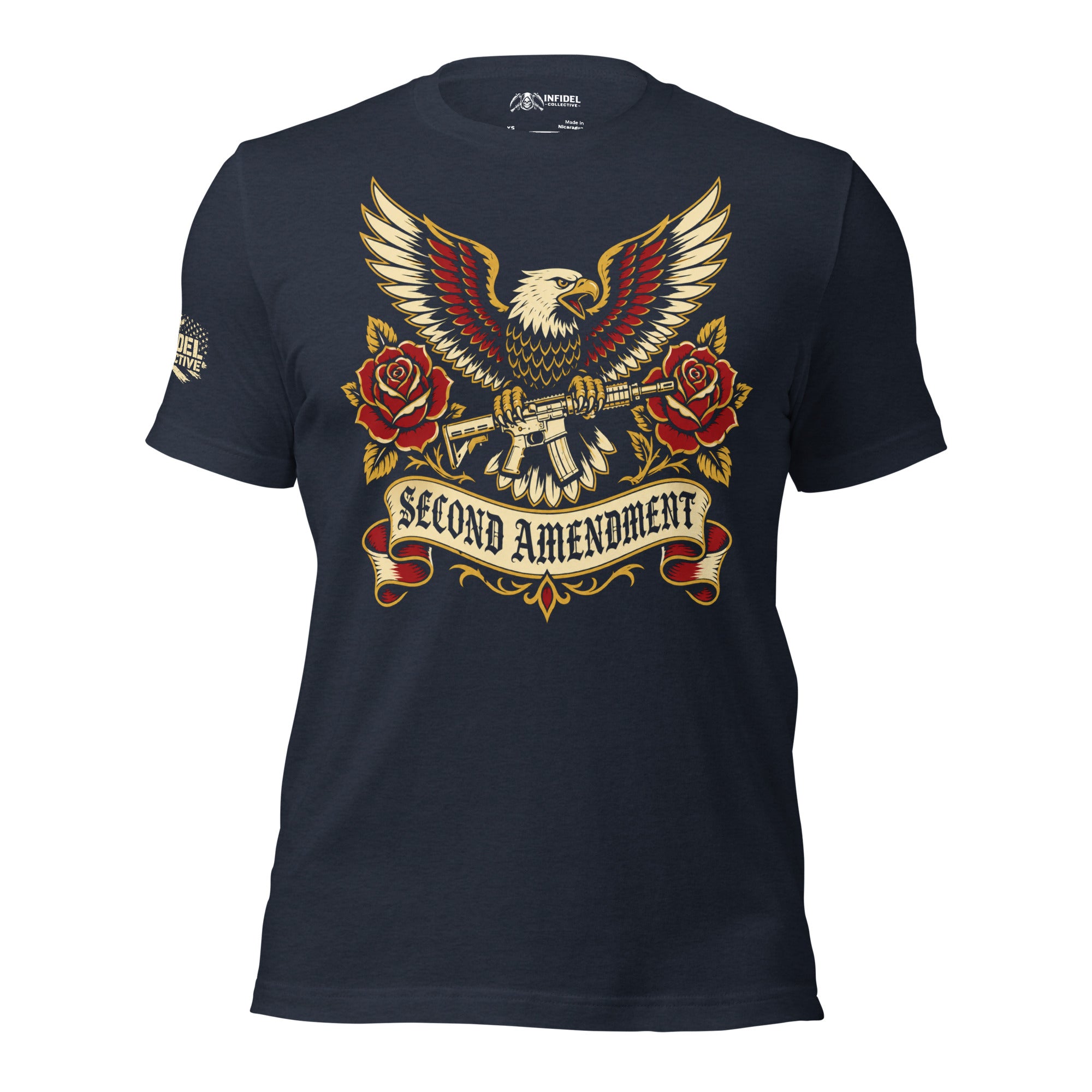 Second Amendment eagle and crossed rifles graphic heather navy tee from Infidel Collective