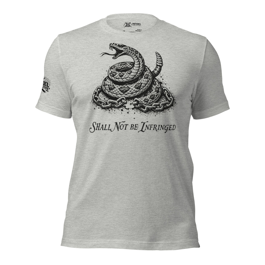 Athletic heather tee with front print of a coiled rattlesnake surrounded by broken chains and the text Shall Not Be Infringed