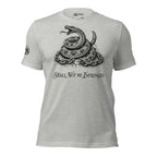 Athletic heather tee with front print of a coiled rattlesnake surrounded by broken chains and the text Shall Not Be Infringed