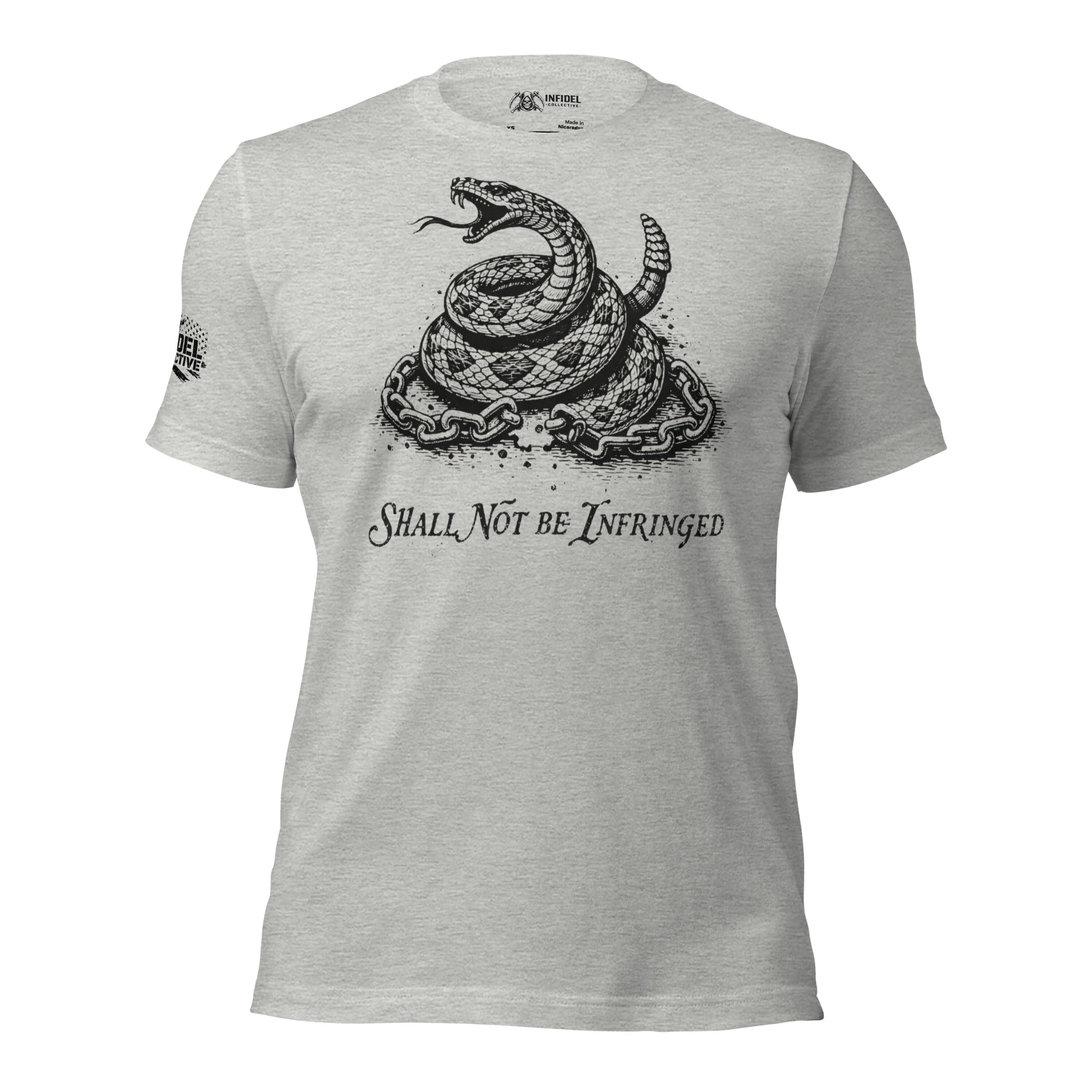 Athletic heather tee with front print of a coiled rattlesnake surrounded by broken chains and the text Shall Not Be Infringed