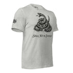 Athletic heather tee with front print of a coiled rattlesnake surrounded by broken chains and the text Shall Not Be Infringed