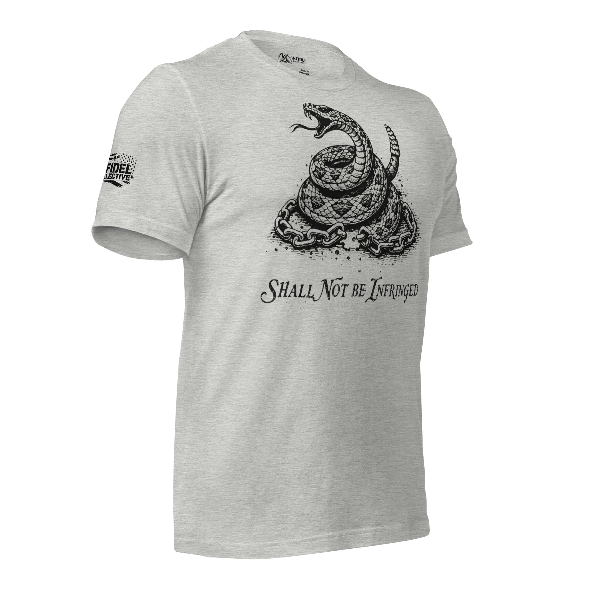 Athletic heather tee with front print of a coiled rattlesnake surrounded by broken chains and the text Shall Not Be Infringed