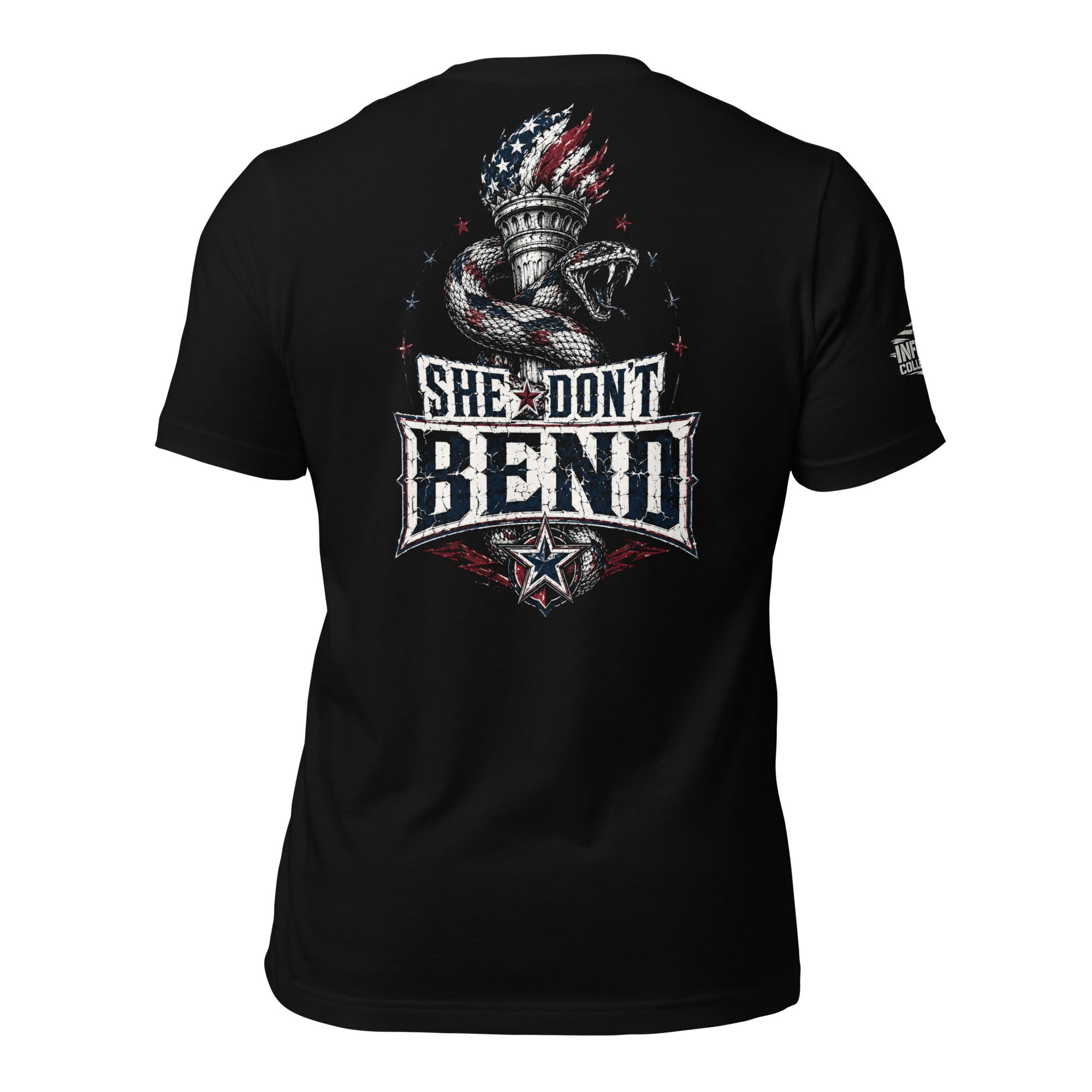 Black tee with back print featuring a rattlesnake wrapped around the Statue of Liberty torch and the text She Don't Bend in distressed patriotic lettering