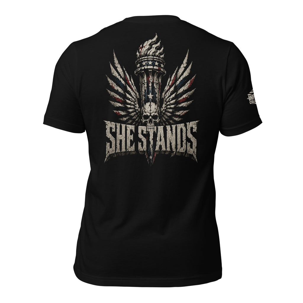 She Stands women liberty torch skull graphic black tee from Infidel Collective