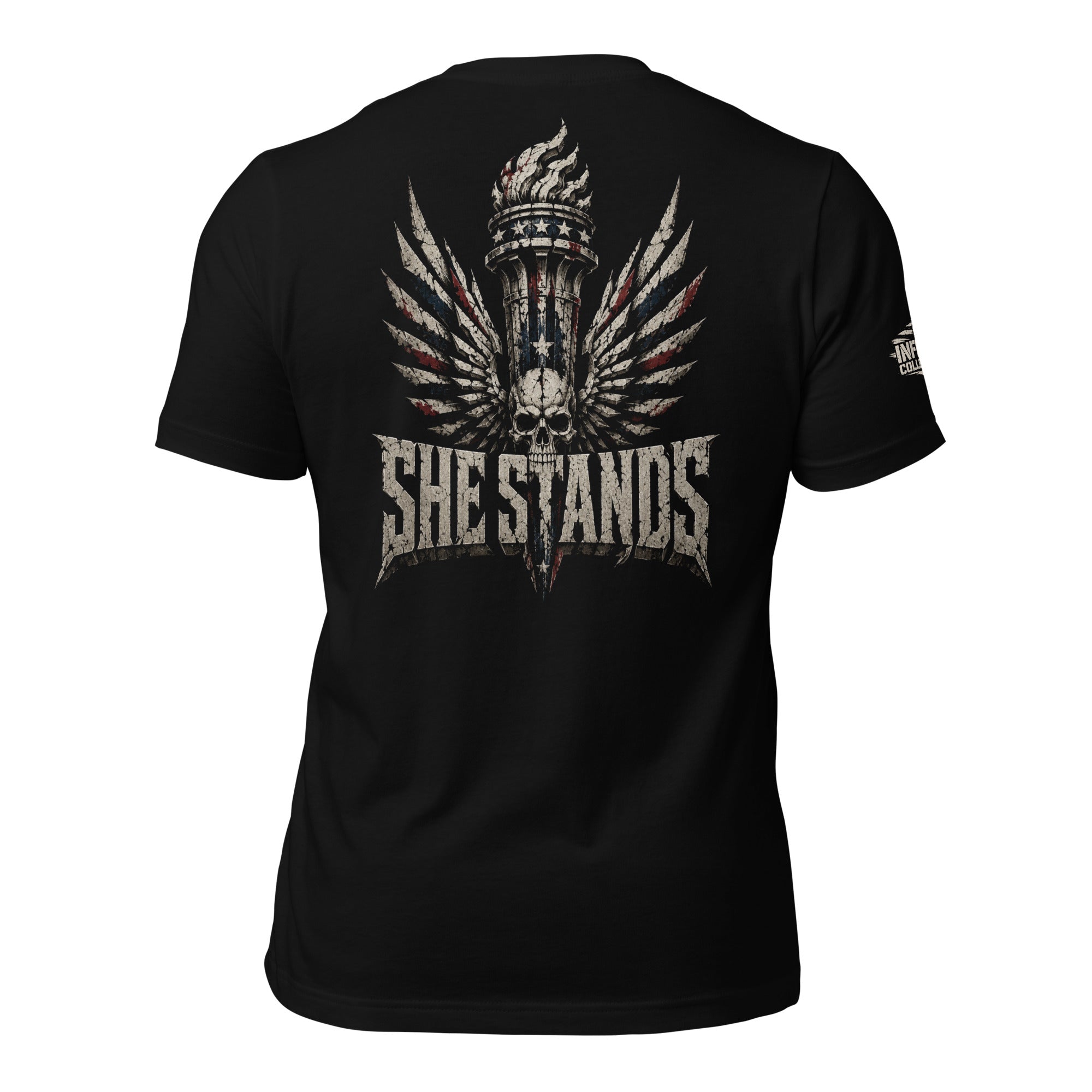 She Stands women liberty torch skull graphic black tee from Infidel Collective