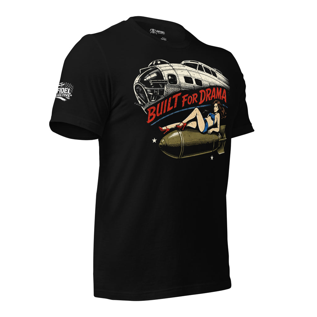 Black front print t-shirt featuring a vintage bomber aircraft, pin-up girl riding a bomb, and the phrase Built For Drama