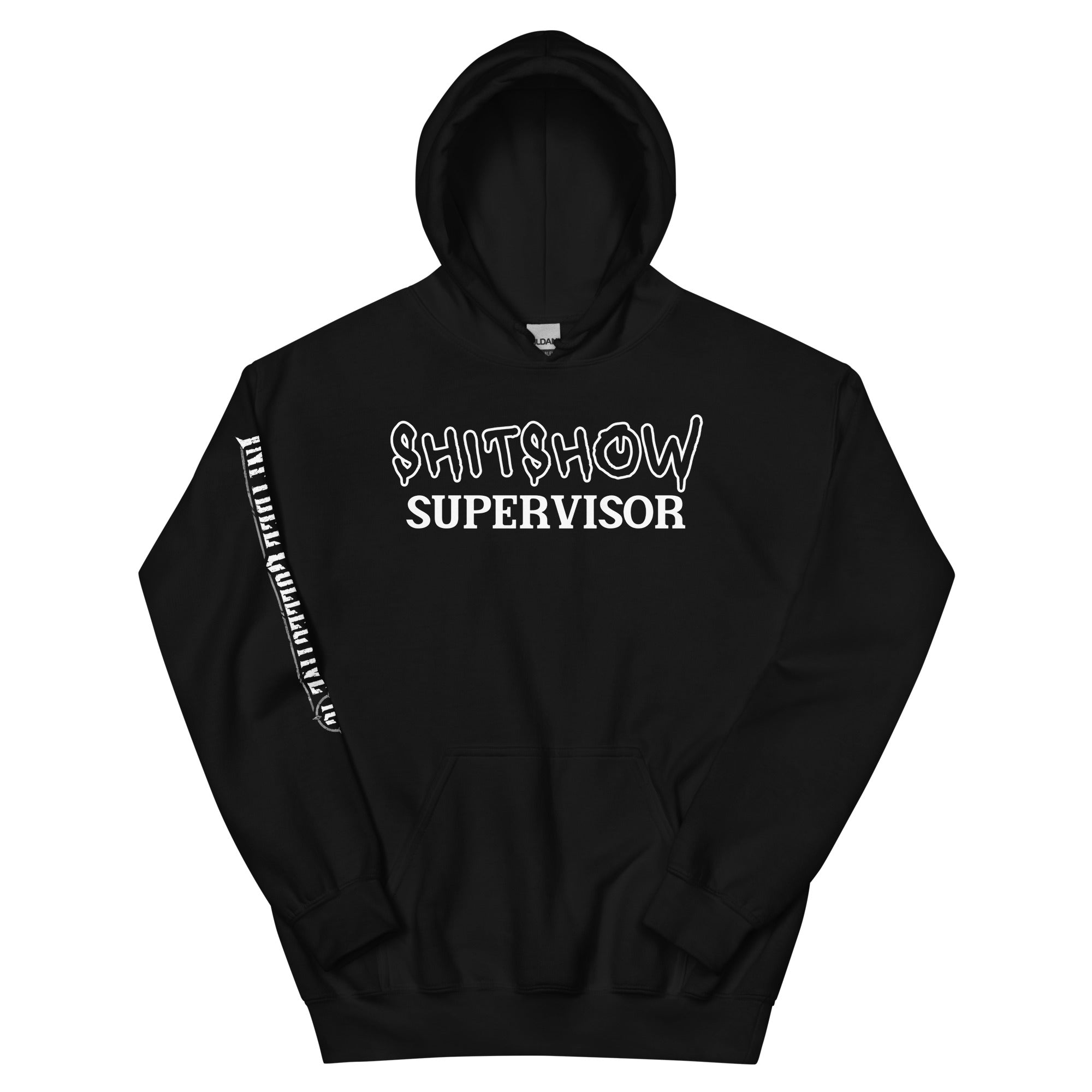 Black hoodie with 'SHITSHOW SUPERVISOR' text on a distressed American flag background