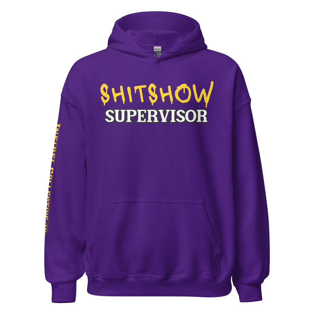 Purple hoodie with 'SHITSHOW SUPERVISOR' text on a textured background