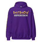 Purple hoodie with 'SHITSHOW SUPERVISOR' text on a textured background