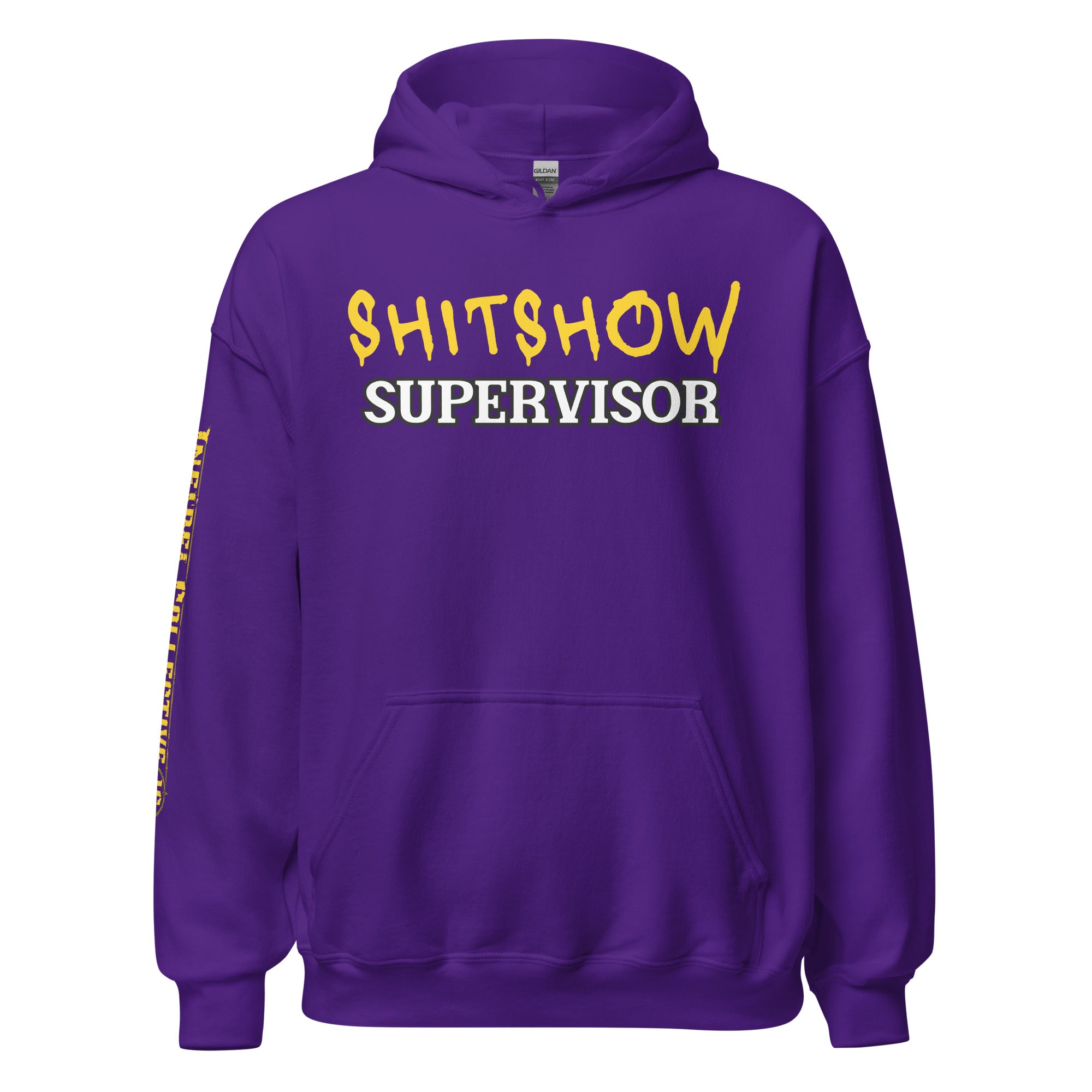 Purple hoodie with 'SHITSHOW SUPERVISOR' text on a textured background