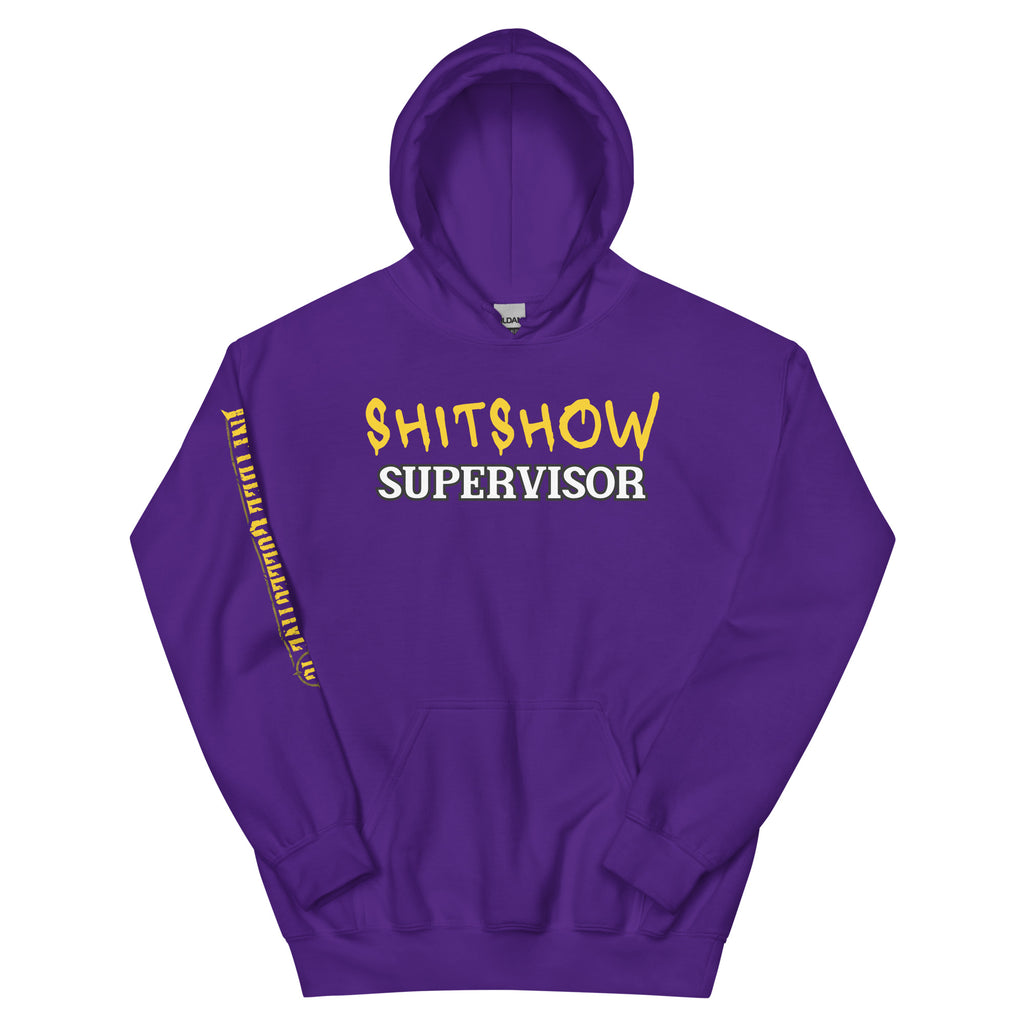 Purple hoodie with 'SHITSHOW SUPERVISOR' text on a textured background