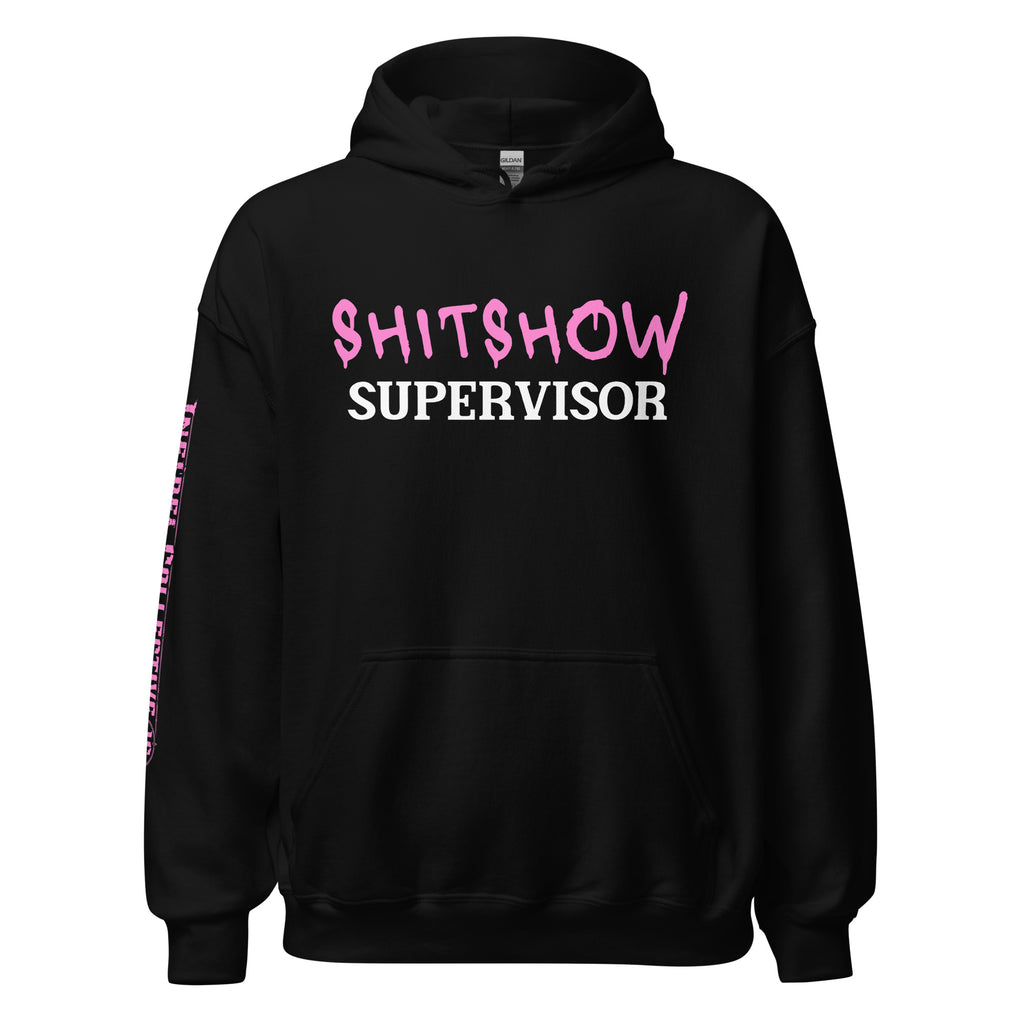 Black hoodie with pink and white SHITSHOW SUPERVISOR text on a white background