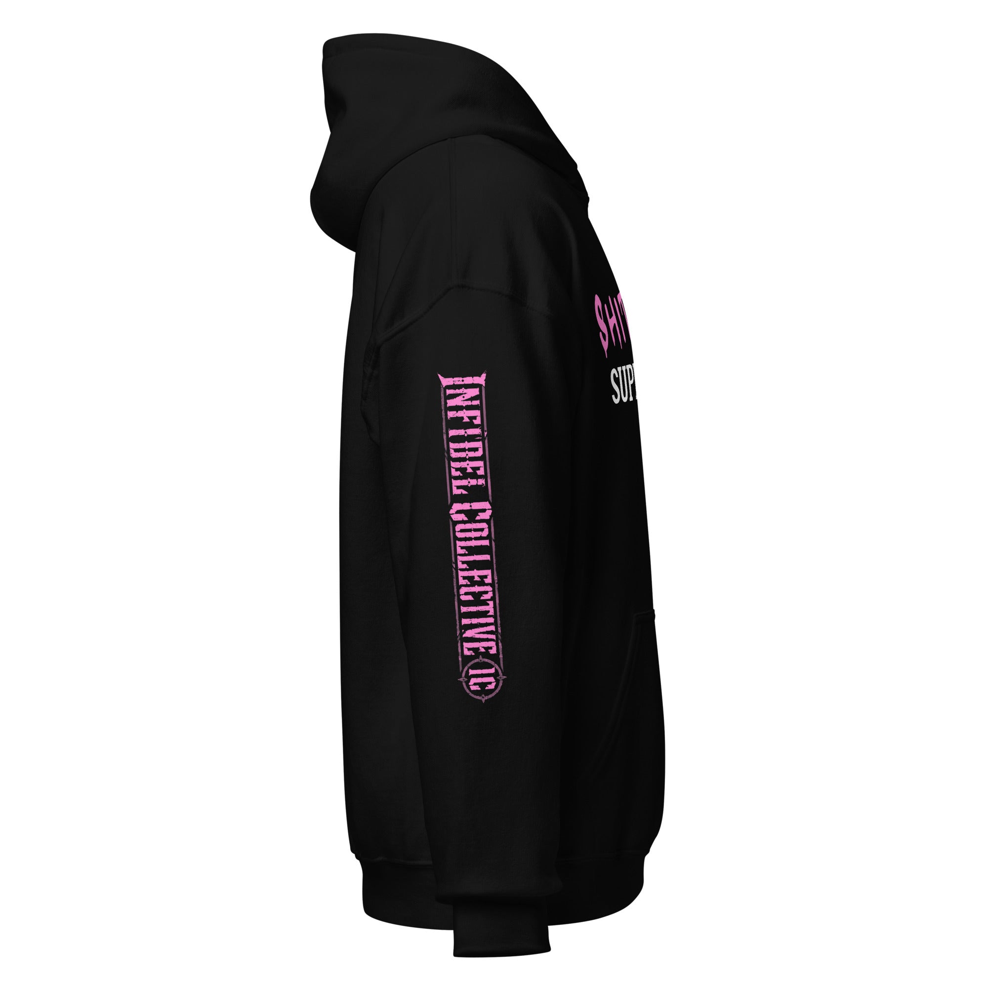 Black hoodie with pink and white SHITSHOW SUPERVISOR text on a white background