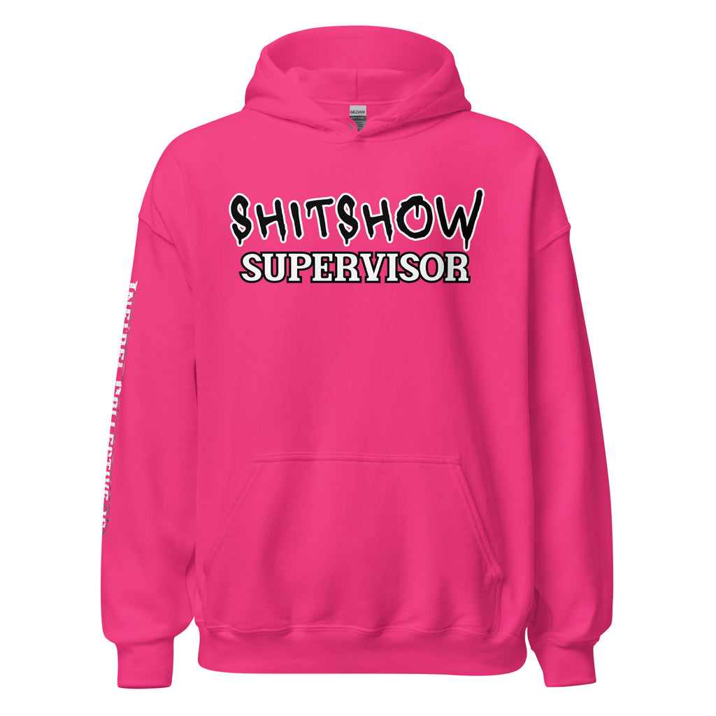 Shitshow Supervisor women’s front print pink hoodie from Infidel Collective